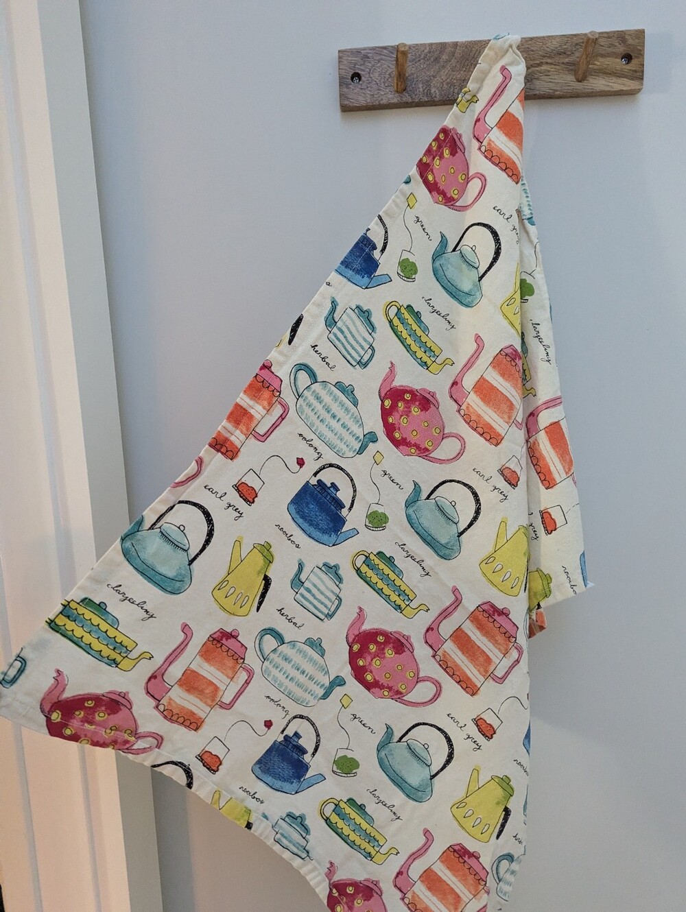 Crate & Barrel Tea Towel with Multicolor Teapot Print Flour Sack Towel